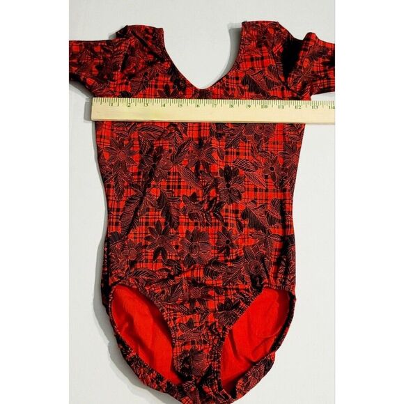 GK Elite AM Long Sleeve VTG Cotton Leotard Bodysuit Red Plaid Floral Size M, NWT - Picture 10 of 13
